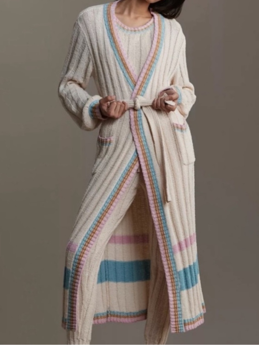l*space Ivy Cream Long Ribbed Belted Cardigan with Blue & Pink Trim XS/S NWT